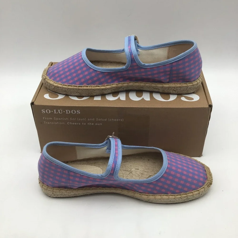 Soludos The Mary Jane Espadrilles Blue Pink Gingham Checkered Size 7 - 7.5 NEW
